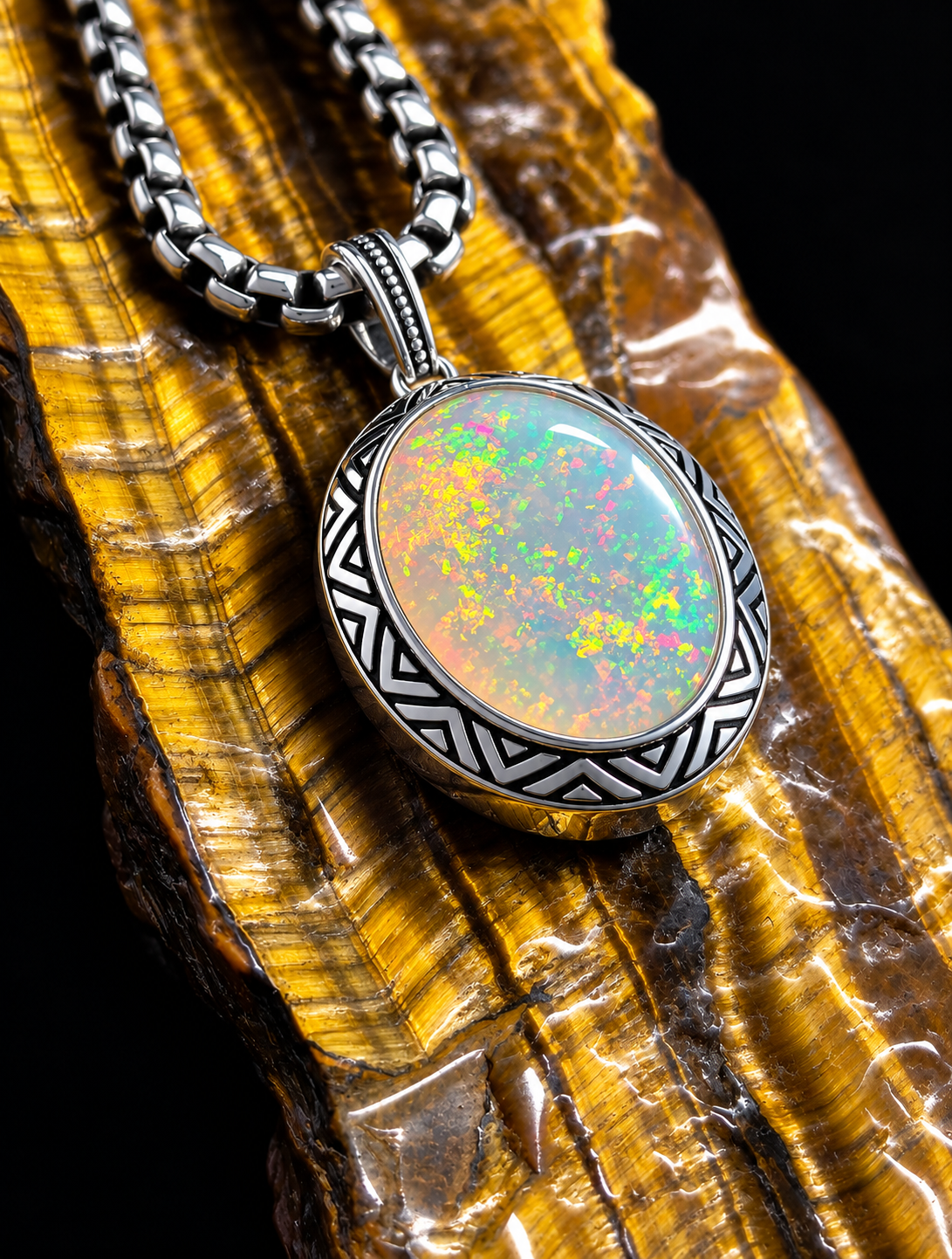 Chevron Opal Pendant — Ethiopian Pin Fire Opal in 925 Italian Silver — House of Yusei